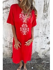 economico Abiti casual bianchi-Per donna Abito Midi Abito in cotone e lino Moda Essenziale Quotidiano Uscire Spiaggia Vestibilità regolare Fiore Manica Corta Scollo a V Bianco Giallo Rosa Vino Estate