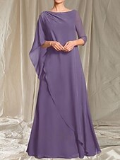 halpa Lattian pituus-A-linja Morsiamen äidin mekko Häiden vieras Elegantti Crew-kaula-aukko Lattianpituinen Chiffon 3/4-pituisella hihalla Helmiäistyksellä