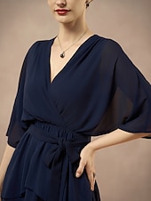cheap Cocktail Dress-A-Line Mother of the Bride Dress Wedding Guest Elegant V Neck Floor Length Chiffon Half Sleeve with Bow(s) Cascading Ruffles Solid Color 2025