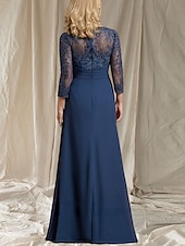 preiswerte Bodenlänge-A-Linie Brautmutter Kleid Hochzeitsgast Elegant V-Ausschnitt Bodenlänge Chiffon 3/4-Länge Ärmel mit Perlenapplikationen
