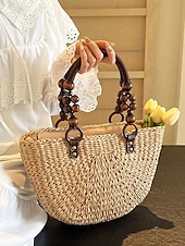 levne Kabelky a tote tašky-dámská ručně tkaná taška ze slámy – boho letní plážová kabelka s dřevěnými korálkovými uchy, ležérní velkokapacitní taška přes rameno na dovolenou, nákupy a cestování