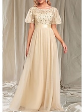 cheap Wedding Guest Dresses-A-Line Wedding Guest Dresses Elegant Dress Wedding Guest Floor Length Short Sleeve Crew Neck Fall Wedding Guest Lace with Glitter Sequin