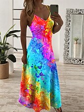 preiswerte Kunst &amp; Design Kleider-Damen Maxi Kleid A-Linie Kleid Sommer Kleid Slip Kleid Urlaub Casual Alltag Regelmäßige Passform Ombre Grafik Schmetterling Ärmellos V-Ausschnitt Regenbogen Sommer Frühling