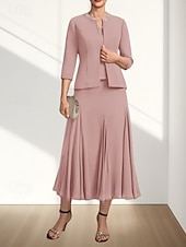 olcso Tea hossza-Két részes A-vonalú menyecske anyukájának ruha Esküvői vendég Elegáns Kerek nyak Tea hosszúságú Chiffon 3/4 Hosszú ujjú Gyöngyözéssel Midi ruha 2025