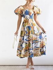 levne květinové šaty-Ženské plus size maxi šaty A-linie šaty mléčná sláma šaty off the shoulder šaty s puff rukávy dovolená outdoor každodenní běžný střih jednobarevné krátký rukáv off shoulder žlutá světlá