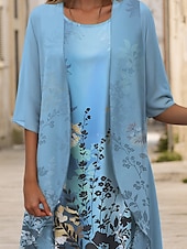 economico Abito Floreale-Abito di laurea Donna Abito Midi 2 Pezzi Completo Abito a A Abito estivo Vacanza Casual Stampa Floreale Grafica Maniche a metà Collo rotondo Quotidiano Blu Estate Primavera Fit morbido