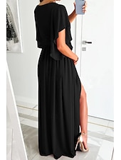 preiswerte Weiße Freizeitkleider-Damen kleid lang Formelle Kleidung Modisch Trompetenärmel Party Verabredung Regular Fit Glatt Kurzarm V Ausschnitt Schwarz Rote Blau Khaki Sommer