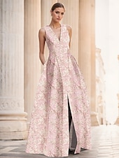 baratos AZUL-Linha A Vestidos de noite Elegante Vestido Formal Casamento Longo Sem Manga Decote V Fibra Sintética com Estampa floral Fenda Bolsos 2025