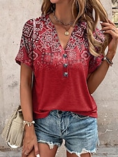cheap Boho tee-Women&#039;s T Shirt Ombre Graphic Geometric Casual Short Sleeve V Neck Regular Tops Daily Print Red Purple Green Summer
