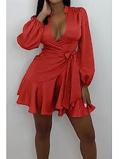 abordables Robes moulantes de soirée-Femmes Mini Robe Robe fourreau Élégant Mode Vacances Sortir Week-end Coupe régulière Uni manche longue Col en V Noir Rouge Été