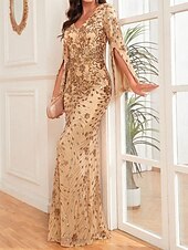 tanie Suknie wieczorowe-Syrena Sukienki na Quinceanera Elegancja Sukienka Ślub Gość weselny Sięgająca podłoża Długi rękaw W serek Spandeks z Cekin 2025