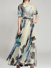 abordables BLEU-Robe de soirée en A élégante robe formelle de bal longueur au sol sans manches épaule dénudée chiffon avec imprimé floral robe invitée de mariage 2025