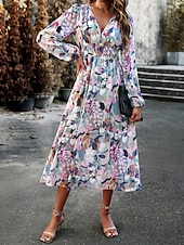 cheap Floral Dress-Women&#039;s Midi Dress A Line Dress Fit And Flare Dress Puff Sleeve Dress Vacation Casual Vacation Daily Regular Fit Graphic Long Sleeve V Neck Red Blue Green Apricot Summer