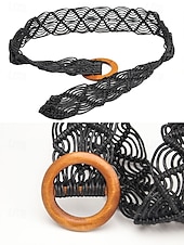 levne Dámský pásek-tkaný opasek boho macrame pro ženy – ručně vyrobený široký bederní pás s dřevěnou přezkou, vintage chic styl pro šaty, ležérní outfity a letní plážové oblečení