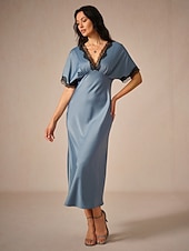 voordelige Feestjurken-Dames Maxi-jurk Schede jurk Elegant Stijlvol Bruiloft Feest Dagelijks Ruim Passend Effen Kleur Korte mouw V-hals blauw Zomer