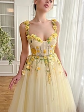 levne Koktejlové šaty-Šaty Quinceanera A-Line máslově žluté šaty svatba svatební host čajové délky bez rukávů čtvercový výstřih s květinovými krajkovými aplikacemi tylu