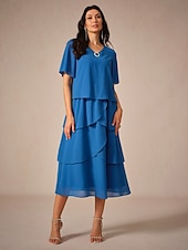 preiswerte abendkleider-Damen Knielanges Kleid Chiffonkleid Elegant Stilvoll Fließend Hochzeit Hochzeitsgast Lässiger Schnitt Einfarbig Kurzarm V Ausschnitt Königliches Blau Sommer Frühling