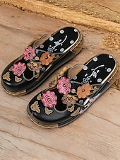 preiswerte Urlaubsandalen-Damen-Clogs aus geblümtem Leder – handgefertigte Slip-On-Pantoletten mit Keilabsatz und Cut-out-Design im Bohème-Stil für Freizeitkleidung und Komfort im Freien