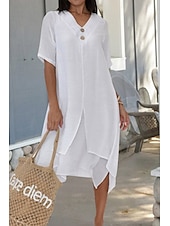 abordables Robes-Femmes Robe Midi Robes inspirées du lin Robe en coton et lin Mode Basique Moderne Quotidien Fête Week-end Coupe régulière Uni Manche Courte Col en V Noir Blanche Bleu de minuit Été