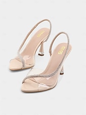 olcso Félig formális-fekete átlátszó slingback sarkú cipő – divatos strasszból készült tűsarkú női szandál