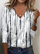 billige Boho t-skjorte-Dame T skjorte Stamme Årgang Elegant Bohem Årgang Langermet Crew-hals Vanlige topper Daglig Ferieklær Trykt mønster Svart Hvit Vår Høst
