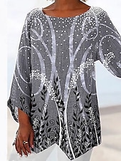 ieftine Topuri boho pentru femei-Bluză pentru femei cu mânecă lungă hem asimetric grafic floral elegantă pentru plajă mânecă scurtă gât în V bluze obișnuite imprimeu zilnic gri primăvară toamnă