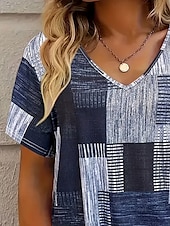 abordables T-shirt rayé et géométrique-Femmes T-shirt Graphique Géométrique Géométrie ancien Mode Occasionnel manche longue Col en V Hauts Réguliers Quotidien Sports Sortir Imprimé Bleu Poudré Été Printemps