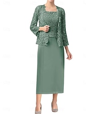 economico Sotto 129,99 $-Set di Abiti Madre della Sposa Abito da Ospite Matrimonio Elegante Semplice Collo Ampio Lunghezza Totale Poliestere Manica Lunga con Colore Solido