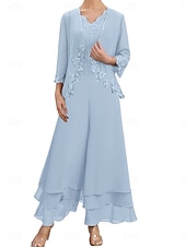 economico Tailleur pantalone della mamma-Set di Abiti Madre della Sposa Abito Ospite di Matrimonio Elegante Semplice V Collo Lunghezza Piena Poliestere Maniche Lunghe con Ricamo