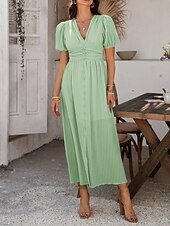 preiswerte Einfaches Kleid-Damen Maxi Kleid A-Linie Kleid Einfarbig Fit And Flare Kleid Puffärmelkleid Lässig Urlaub Täglich Reguläre Passform Grafik Kurzarm V-Ausschnitt Schwarz Gelb Pink Himmel Blau Sommer