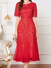 cheap Tea Length-A-Line Beaded Dress Mother of the Bride Elegant Vintage Party V Neck Floor Length Lace Beaded Sequin Lace Short Sleeve with Flare