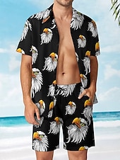 お買い得  メンズプリントシャツセット-男性用 イーグル 2個 シャツセット 夏のトップス 半袖 ショートパンツ 折襟 リゾート カジュアル 日常 バケーションウェア 3Dプリント 夏 ブラック