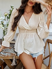 billige Kvinne Enkle Topper-Kvinners Bluse Boho Skjorte Enfarget Stilfull Avslappet Langermet V-Hals Vanlige Topper Daglig Lappverk Utskjæring Sort Hvit Blå Aprikos Sommer Vår