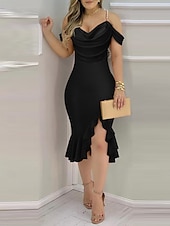 ieftine Bodycon Club Dresses-Pentru femei Rochii Midi Rochie eleganta Elegant Concediu Dată Fit regulat Culoare solidă Manșon scurt Glugă Gât Negru Roșu-aprins Albastru piscină Trifoi Vară