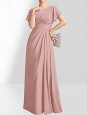 billige Gulvlengde-A-linje Mor til bruden Kjole Bryllupsgjester Elegant Crew Hals Gulvlengde Chiffon Korte Ermer med Pynt Rynking