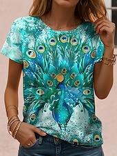 cheap Animals tee-Women&#039;s T Shirt Ombre Graphic Feather Casual Short Sleeve Round Neck Regular Tops Daily Going out Weekend Print Grass Green Sage Green White Yellow Dark Green Summer
