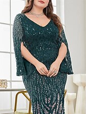 baratos AZUL-Vestido Plus Size Mãe da Noiva Vestido de Curvas Elegante Festa Decote em V Comprimento do Chão Spandex Manga Longa com Lantejoula 2025