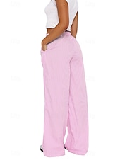 preiswerte weites Bein und hohe Taille-Damen Weites Bein Stoffhosen Mode Streetwear Volle Länge Natürliche Taille Gestreift Tasche Elastischer Bund Bequem Straße Ausgehen Rosa Blau Sommer Normale Passform