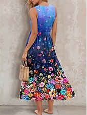 preiswerte Blumenkleider-Damen Midikleid Sommerkleid A Linie Kleid Rückenfreies Kleid Urlaub Lässig Ausgehen Normale Passform Ombre Blumen Grafik Ärmellos U-Ausschnitt Blau Sommer