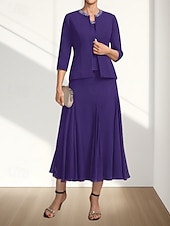 olcso Tea hossza-Két részes A-vonalú menyecske anyukájának ruha Esküvői vendég Elegáns Kerek nyak Tea hosszúságú Chiffon 3/4 Hosszú ujjú Gyöngyözéssel Midi ruha 2025