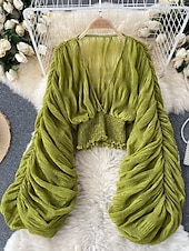 billiga Dressiga toppar-Dam Blus Chiffong toppar Slät Stylish Långärmad Puffärm V-hals Crop Tops Helgdag Utekväll Rynkad Svart Vit Purpur Grön Vår