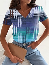 billige Kunst &amp; Design t-skjorte-Dame T skjorte Grafisk Geometrisk Fritid Kortermet V-hals Vanlige topper Daglig Trykt mønster Rosa Blå Grønn Sommer Vår