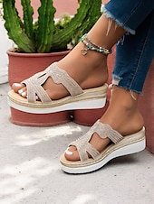 cheap Vacation Sandals-Women&#039;s Rhinestone Wedge Sandals – Elegant Slip-On Platform Slides for Summer, Beach, and Casual Outings
