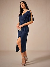 abordables Robe Simple-Femme Robe mi-longue Robe en maille Elégant mode Soirée Rendez-vous Standard Couleur unie Manche Courte Col V bleu marine Eté