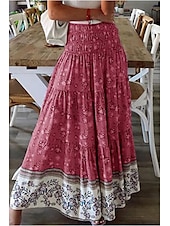 billiga Grafiska kjolar-Dam Kjol Gunga Ledigt Boho Maxi Mellanhög midja Kjolar Blommig Mönster Microelastisk Semester Gata Äppelgrå Violett Svart Mandel Sommar Polyester