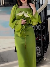 billiga Enkel klänning-Kvinnors Plus Size Maxi Klänning A-linje Klänning Mjölkfrö Klänning Off The Shoulder Klänning Puffärmad Klänning Semester Utomhus Daglig Regular Fit Enfärgad Lång Ärmd Off Shoulder Grön Sommar