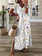preiswerte Blumenkleid-Damen Maxi Kleid A-Linie Kleid Sommerkleid Elegant Urlaub Urlaub Täglich Reguläre Passform Floral Grafik Kurzarm V-Ausschnitt Weiß Sommer Frühling Herbst