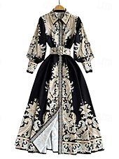 abordables Robes Bohémiennes-Femmes Robe Midi Robe bohème Mode Fête Sortir Week-end Coupe régulière Fleur manche longue Col de chemise Noir Bleu Abricot Été