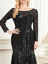 economico NERO-Abito madre della sposa abito elegante festa collo a giro lunghezza a terra cotone misto maniche lunghe con paillettes 2025