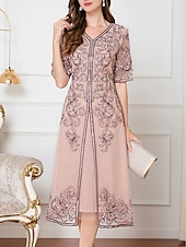 preiswerte Teelänge-Kleid Brautmutterkleid Hochzeitsgast Elegant Chinesischer Stil V Ausschnitt Knielang Polyester Baumwollmischung Halbarm mit Stickerei 2025